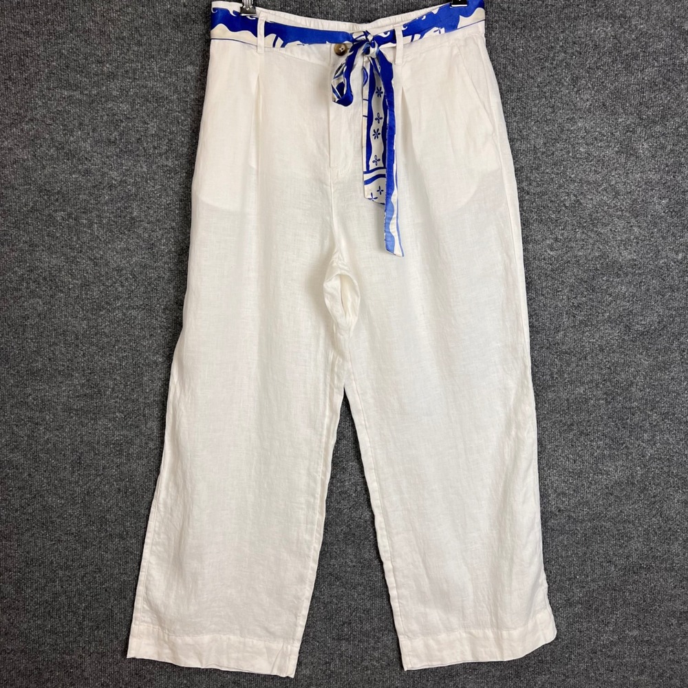 Joie Linen Pants Womens L White Wide Leg Scarf Belt Pleated